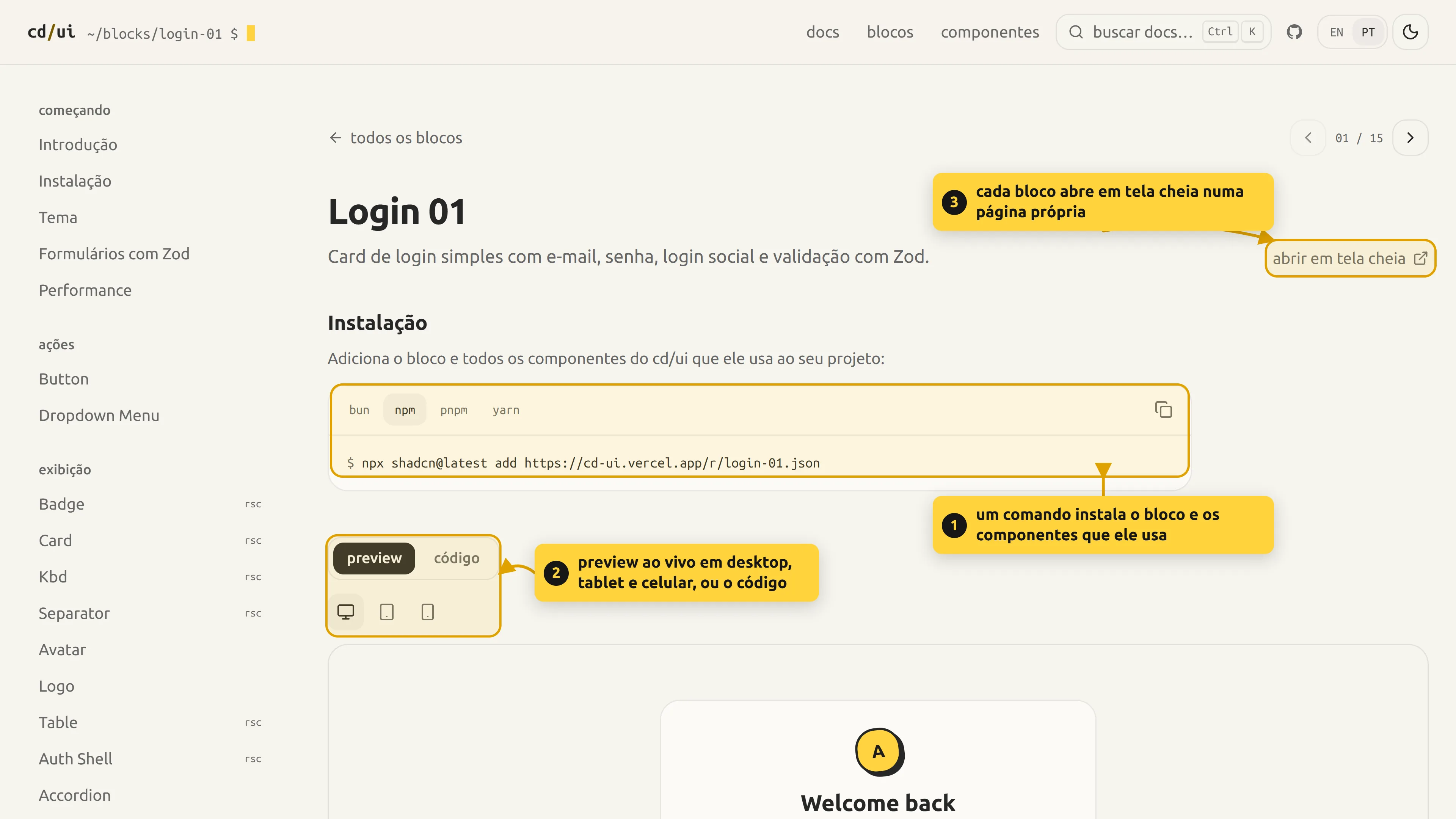 página do bloco login-01: o comando de instalação, as abas de preview e código com os tamanhos desktop, tablet e celular e o link pra abrir em tela cheia
