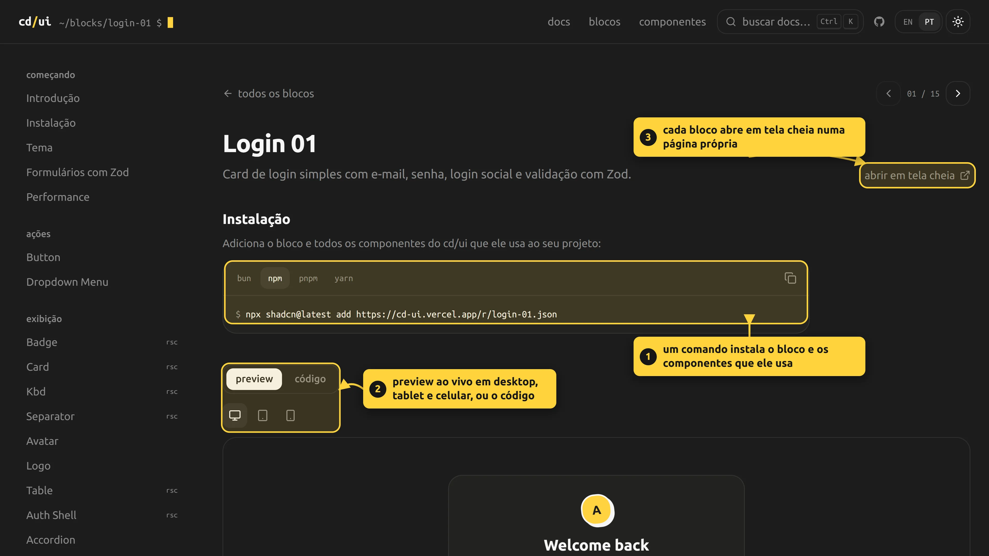 página do bloco login-01: o comando de instalação, as abas de preview e código com os tamanhos desktop, tablet e celular e o link pra abrir em tela cheia