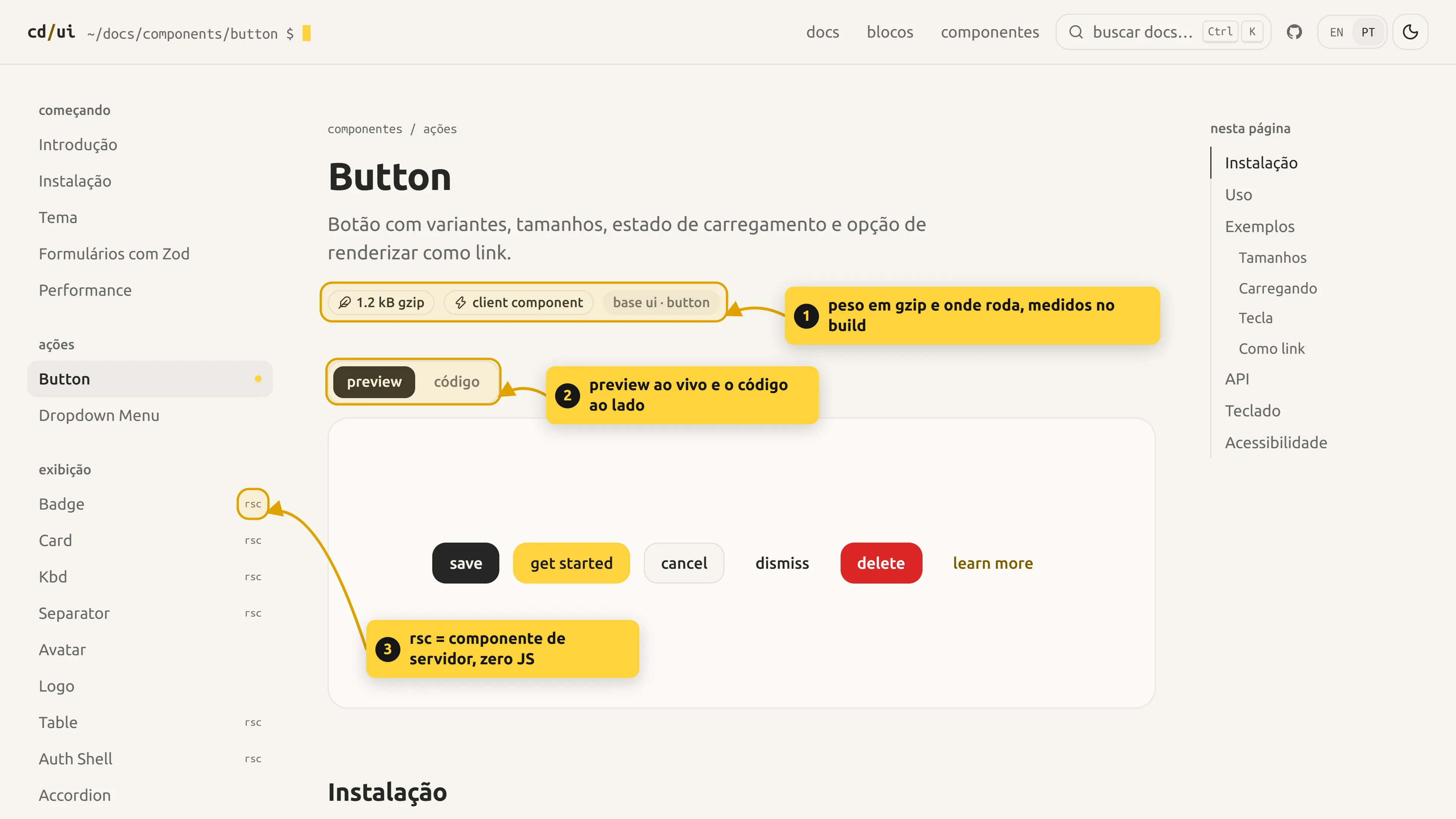 página do Button nas docs: selos com o tamanho em gzip e onde roda, abas de preview e código e o marcador rsc na barra lateral