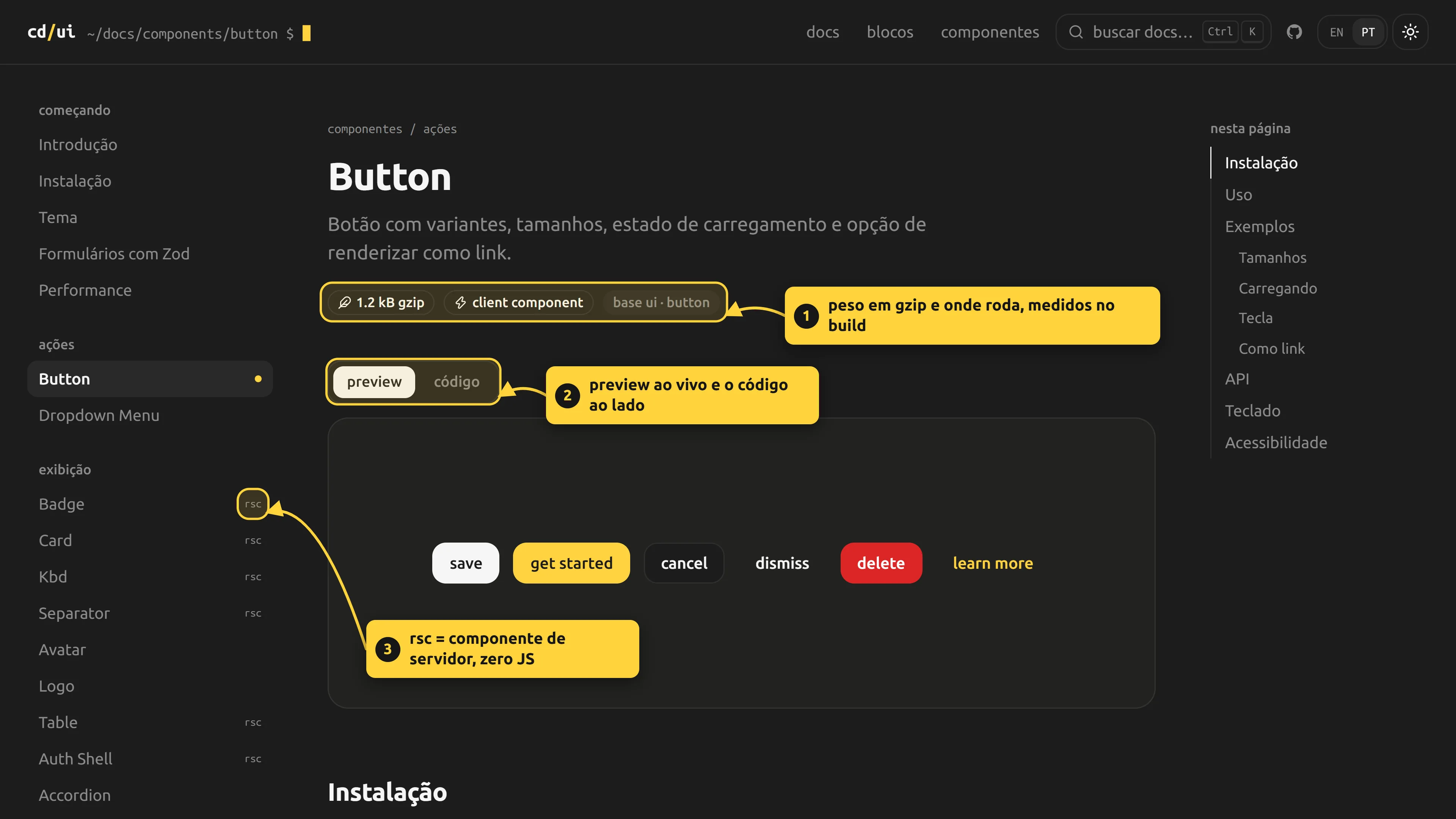página do Button nas docs: selos com o tamanho em gzip e onde roda, abas de preview e código e o marcador rsc na barra lateral