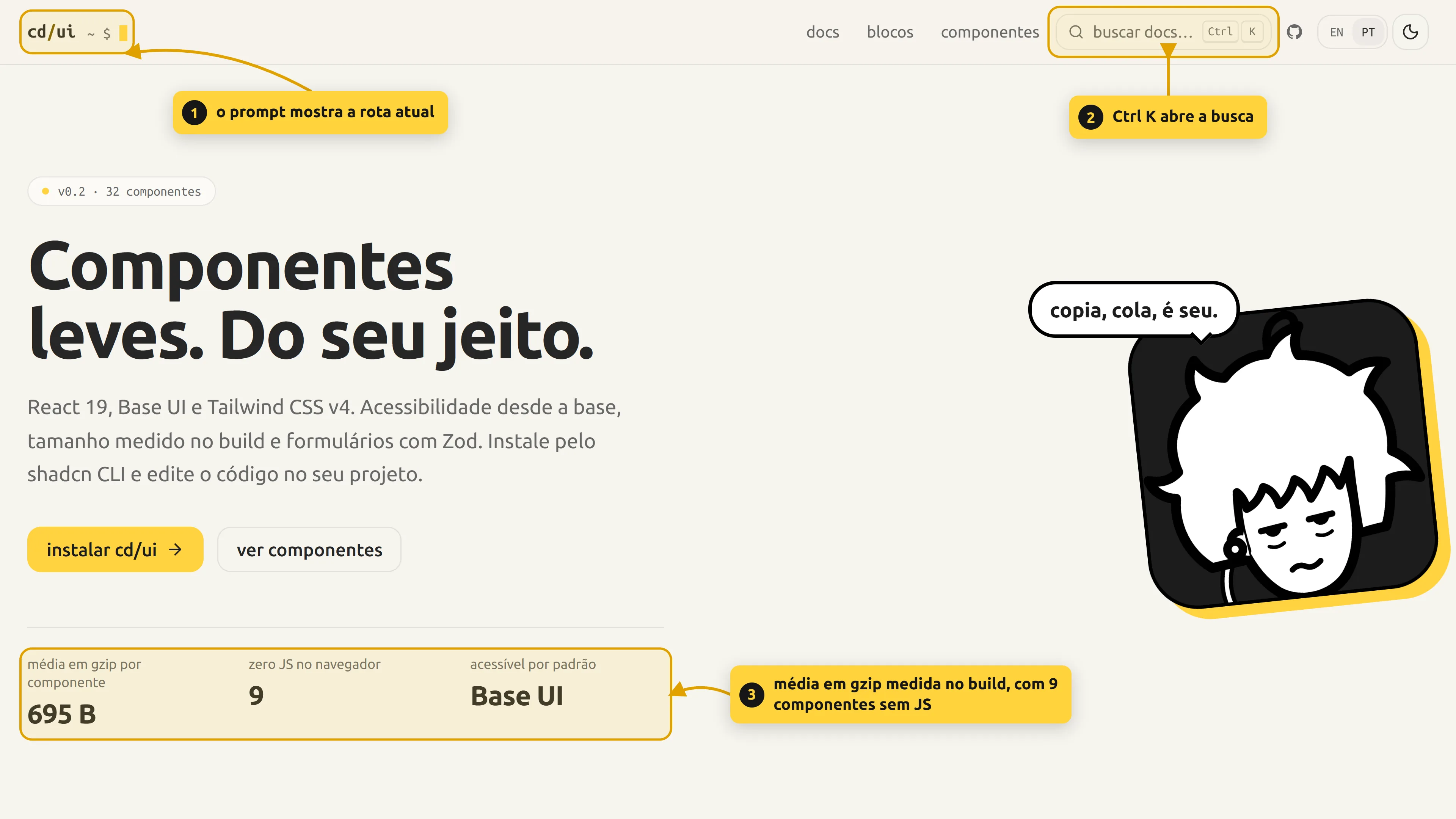 home do cd/ui: o prompt mostra a rota atual, Ctrl K abre a busca e a média de 695 B em gzip é medida no build