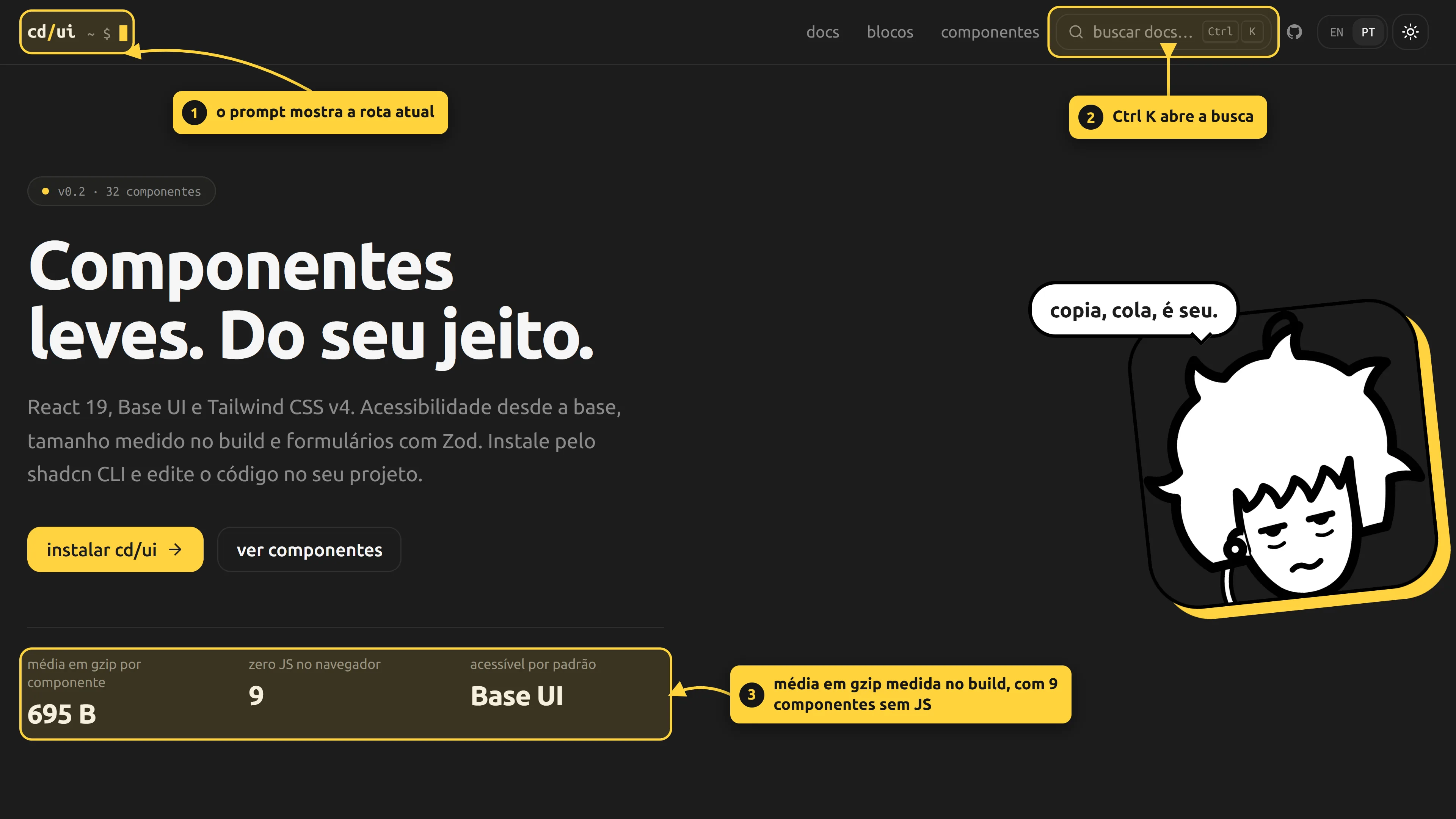 home do cd/ui: o prompt mostra a rota atual, Ctrl K abre a busca e a média de 695 B em gzip é medida no build